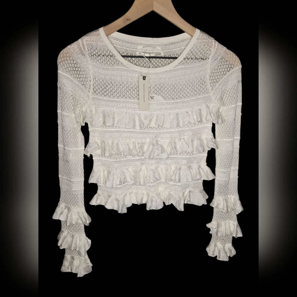 Anthropologie Ruffle Crochet Sweater Blouse Ivory Size XXS New